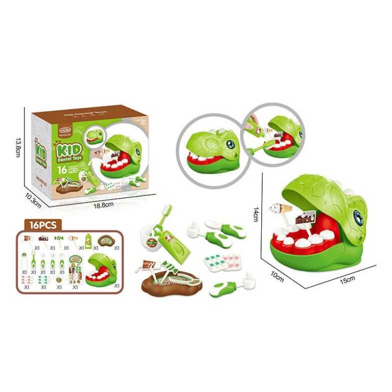 Набір стоматолога 623-922 (72/2) 16 елементів, голова динозавра, отвори в зубах, інструменти, зубна паста, щітка, щипці, солодощі на паличках, в коробці