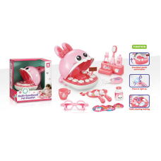 Набір стоматолога 855 (48) муляжі щелеп, рот зайчика відкривається, підсвічування стомат. інструмента, аксесуари, зубна щітка, окуляри, щипці, чашка, в коробці