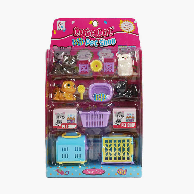 Набір тварин DW 02 (60/2), 4 фігурки кішок, переноски, кошик, лежанка, щітка для шерсті, мисочка, муляжі їжі, в слюді