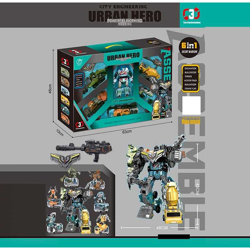 Набір трансформерів 908-10 B (12) 6в1, робот висотою 48см, бластер, екскаватор, 2 бульдозери, самоскид, кран, бетонозмішувач, в коробці