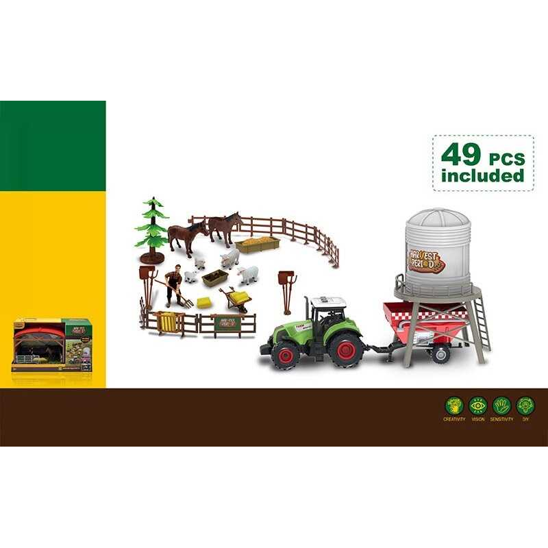 Набір фермера 550-33 K (12) 49 елементів, трактор, підсвічування, звук, інерція, причеп, силосна вежа, стайня, фігурка фермера, фігурки тварин, декорації,  в коробці