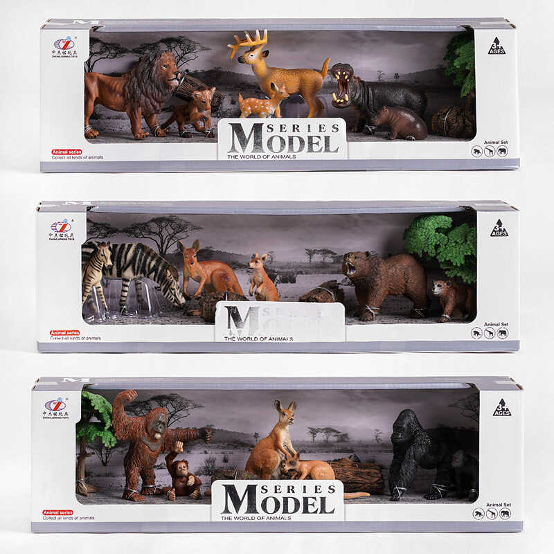 Набір тварин Q 9899 D 7 (24/2) “Дикі тварини“, 3 види, 9 елементів, 6 фігурок тварин, аксесуари, в коробці