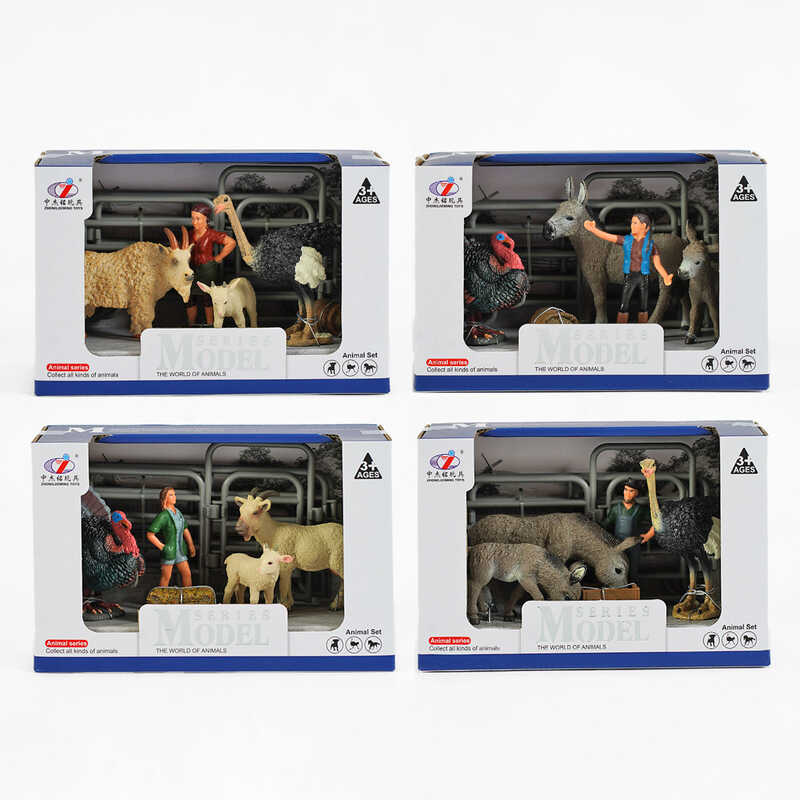 Набір тварин Q 9899 X 20 (48/2) “Сільськогосподарські тварини“, 4 види, 6 елементів, 3 фігурки тварин, фігурка фермера, вольєр, в коробці