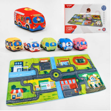 Набір тканинних машин з килимком HE 0243 (12) 6 м“яких машинок з пискавкою, гримлячими, шелесткими елементами, в коробці