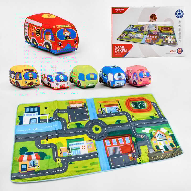 Набір тканинних машин з килимком HE 0243 (12) 6 м“яких машинок з пискавкою, гримлячими, шелесткими елементами, в коробці