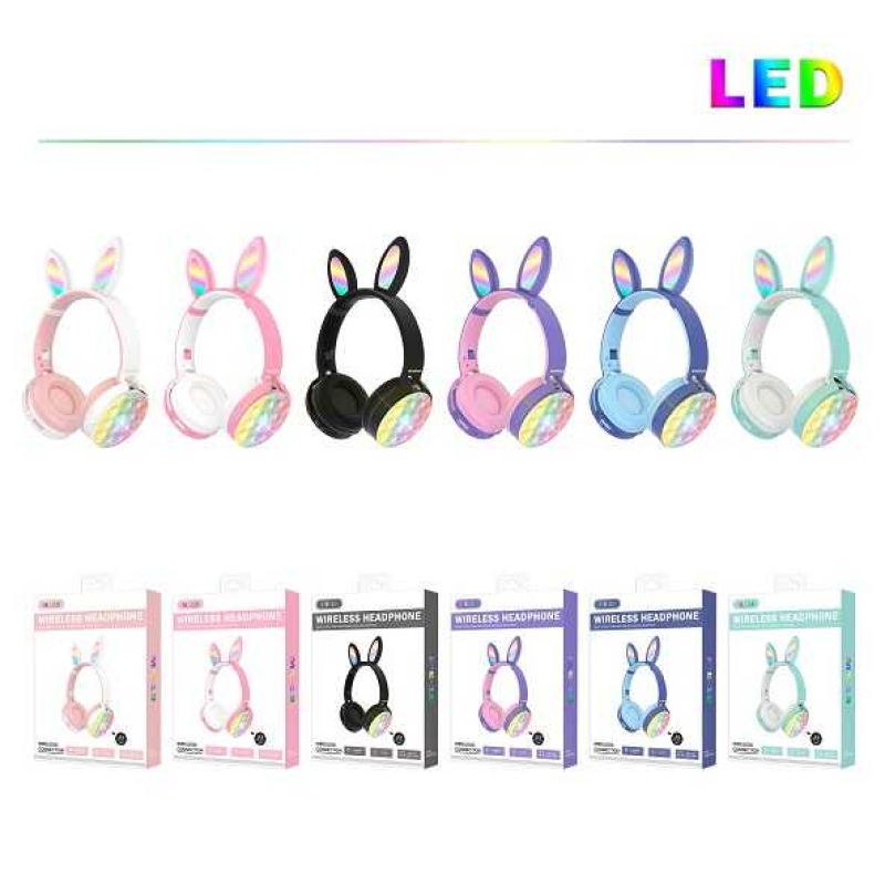 Навушники C 55255 (60) “Зайчик“, мікс кольорів, поп-іт, бездротові Bluetooth, світло, радіо, мікрофон, USB кабель, в коробці