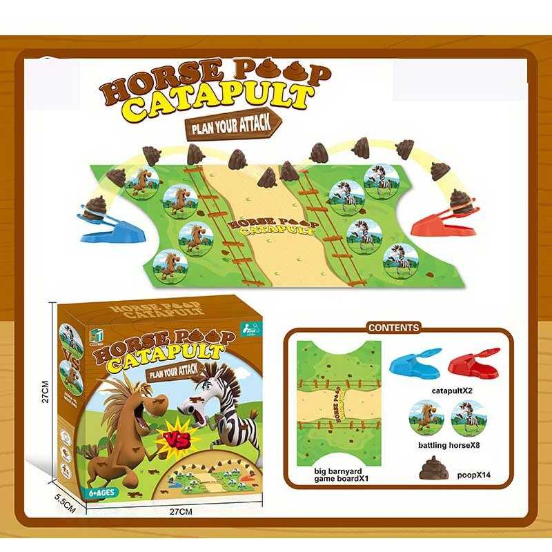 Настільна гра 777-119 (60/2) картонне ігрове поле, 2 катапульти, гумові навозні кульки, картонні фігурки коней та зебр, в коробці
