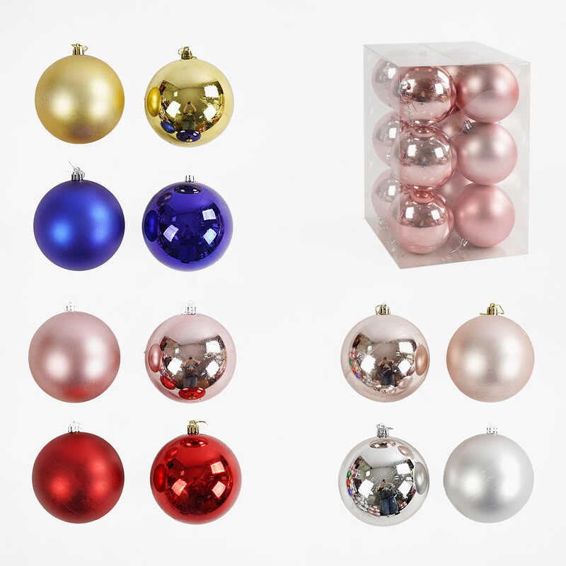 Новорічні прикраси C 67647 (12) 6 видів, 12 штук, кульки, D=10 см, у слюді, ВИДАЄТЬСЯ МІКС ВИДІВ