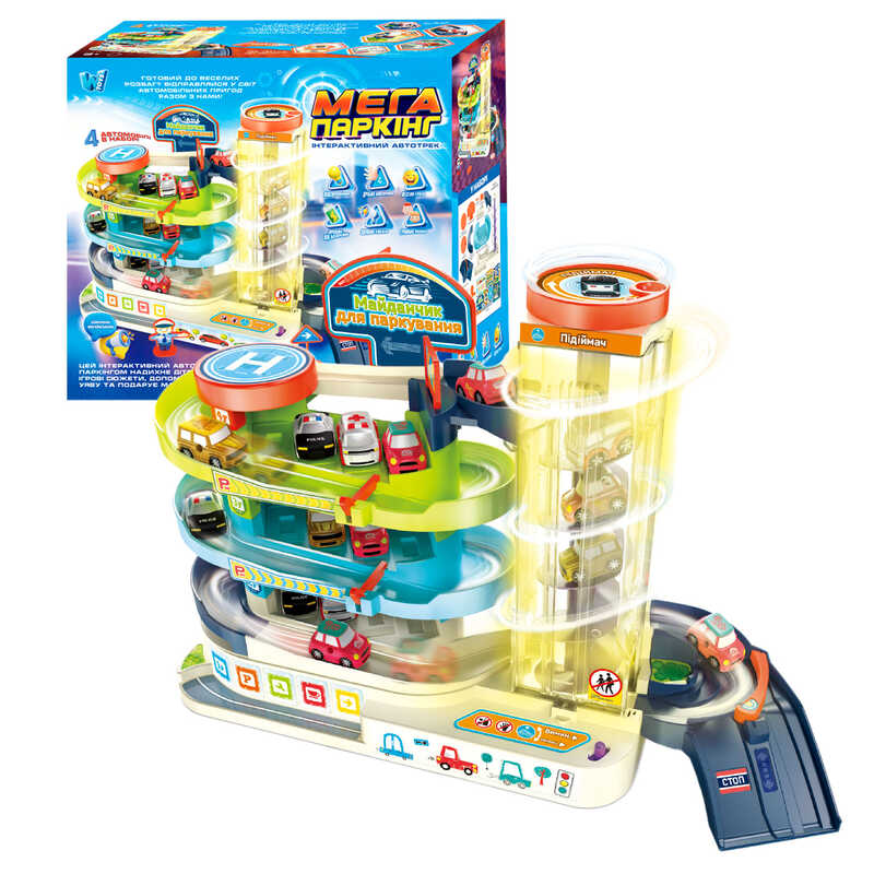 Інтерактивний автотрек 92629 (16) “WToys“, ОЗВУЧУВАННЯ УКРАЇНСЬКОЮ МОВОЮ, автоматичний підіймач, звук, світло, пісні, 4 машинки, паркінг, виїзди, в коробці