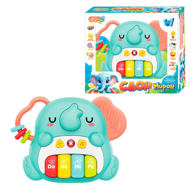 Піаніно “Слон Мирон“ 39049 (48) “WToys“, ОЗВУЧУВАННЯ УКРАЇНСЬКОЮ МОВОЮ, 8 пісень, 8 скоромовок, 8 казок, цифри, підсвічування, в коробці