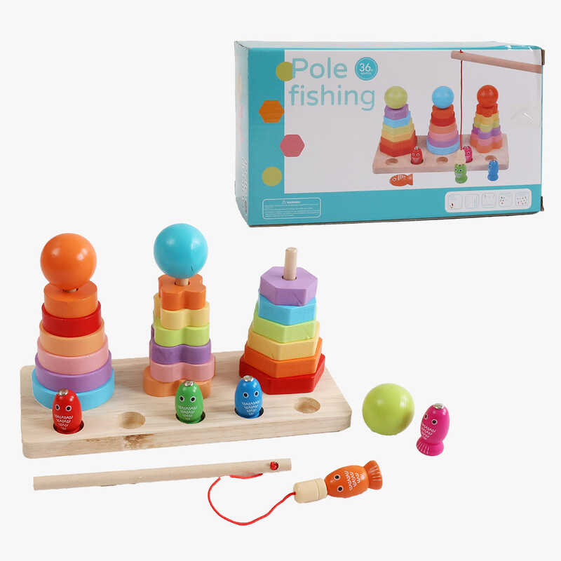 Пірамідка C 53638 (40) дерев“яна, сортер, магнітна риболовля, 5 рибок, магнітна вудочка,геометричні фігури, в коробці