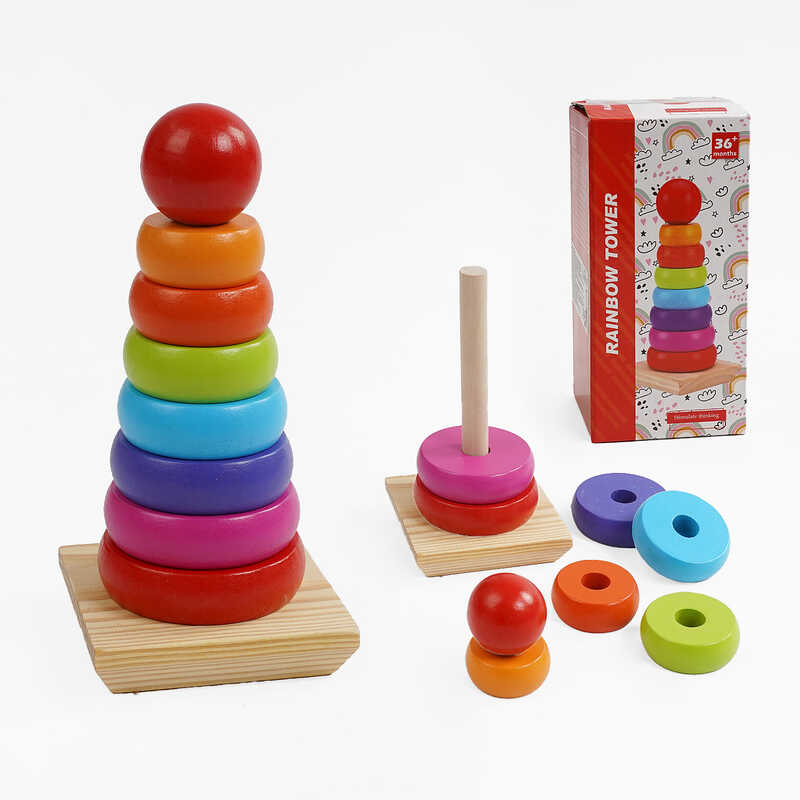 Пірамідка C 68838 (60) дерев“яна, висота 20см, 7 кілець різного діаметру, 1 кулька, в коробці 