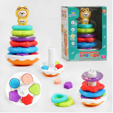 Пірамідка-сортер “Ведмедикові пригоди” ТК - 14074 UK (24) “TK Group“, ОЗВУЧУВАННЯ УКРАЇНСЬКОЮ МОВОЮ, мелодії, 3 пісні, нелягайко, фігурка ведмедика змінює емоції, в коробці