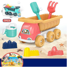 Пісочний набір 733-350 (54/2) 2 кольори, 7 елементів, розмір самоскида - 30х14х15см, лійка, лопатка, граблі, 3 формочки, у сітці, ВИДАЄТЬСЯ МІКС