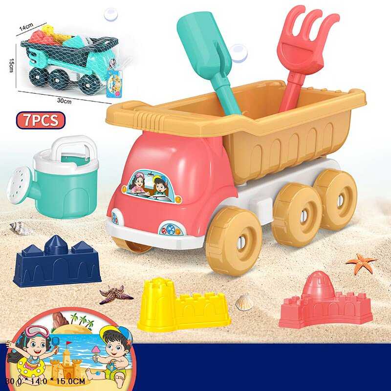 Пісочний набір 733-350 (54/2) 2 кольори, 7 елементів, розмір самоскида - 30х14х15см, лійка, лопатка, граблі, 3 формочки, у сітці, ВИДАЄТЬСЯ МІКС