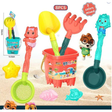 Пісочний набір 733-372 (72/2) 2 кольори, відро, 2 лопатки, сито, граблі, 3 формочки, в сітці