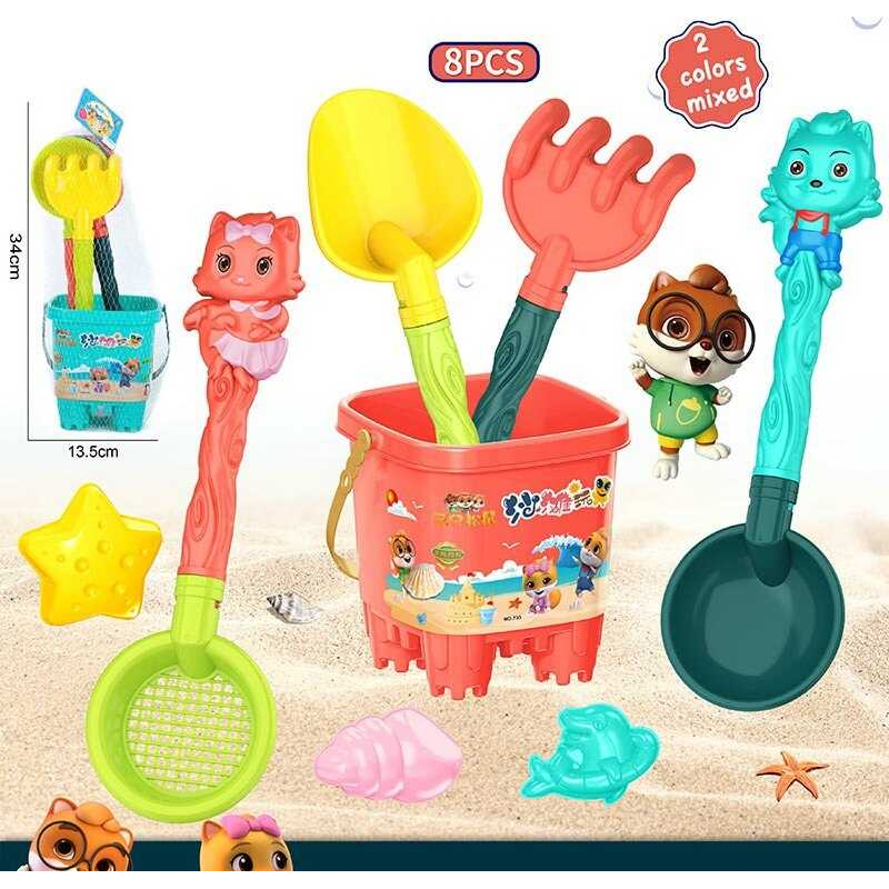 Пісочний набір 733-372 (72/2) 2 кольори, відро, 2 лопатки, сито, граблі, 3 формочки, в сітці