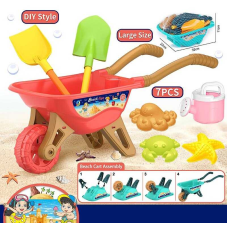 Пісочний набір 733-379 (36/2) тачка, 2 лопати, граблі, лійка, 3 формочки, в сітці