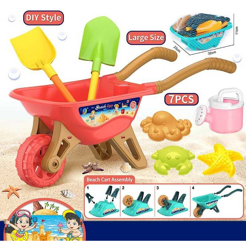 Пісочний набір 733-379 (36/2) тачка, 2 лопати, граблі, лійка, 3 формочки, в сітці Пісочний набір 733-379 (36/2) тачка, 2 лопати, граблі, лійка, 3 формочки, в сітці