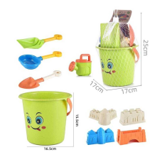 Пісочний набір C 481 (72/2) відерце висотою 15.5 см, 4 формочки, лійка, граблі, лопата, ситечко, в сітці
