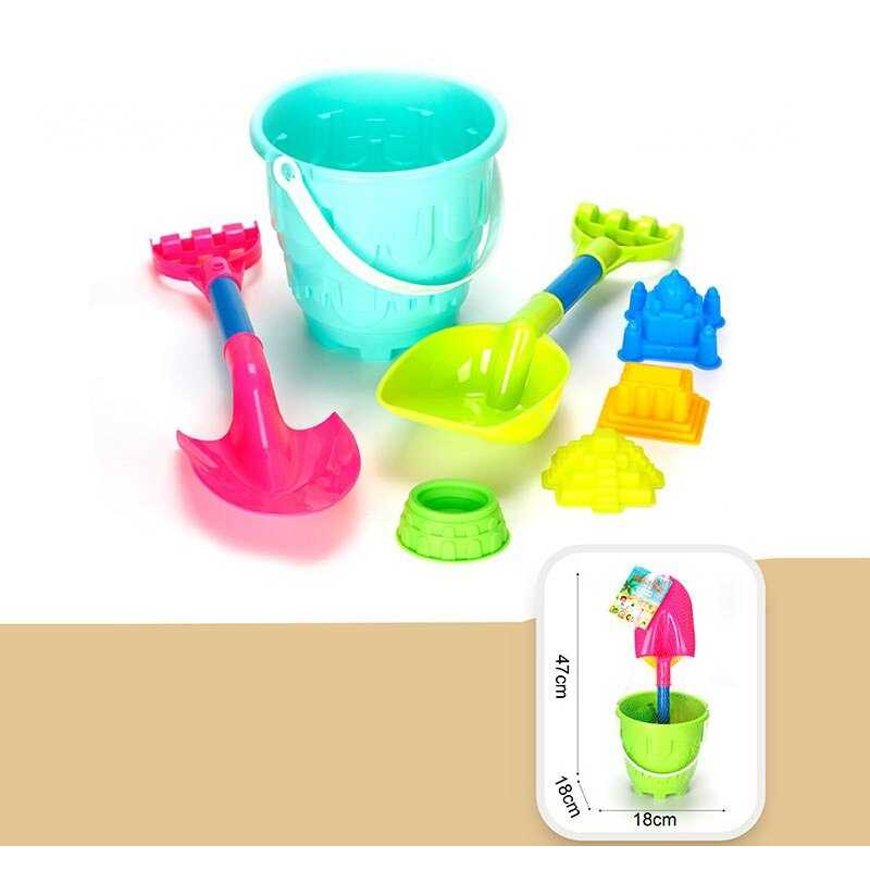 Пісочний набір JX 6854 (36) 3 кольори,  відро, 2 лопати, 4 формочки, в сітці, ВИДАЄТЬСЯ ТІЛЬКИ МІКС ВИДІВ