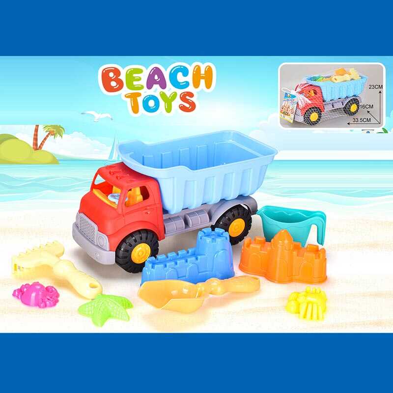 Пісочний набір JX 6854 (36/2) розмір самоскида - 33.5х16х23 см, лопатка,  граблі, лійка, 5 формочок, в сітці