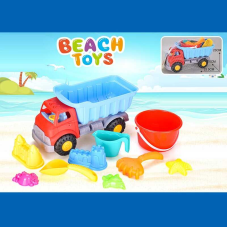 Пісочний набір JX 6855 (36/2) розмір самоскида - 33.5х16х23 см, висота відра - 10 см, лопатка,  граблі, лійка, 5 формочок, в сітці