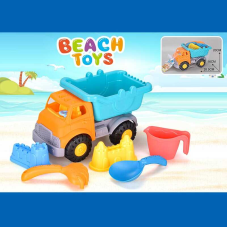 Пісочний набір JX 6857 (36/2) розмір самоскида - 28.5х16х20 см, лопатка,  граблі, лійка, 2 формочки, в сітці