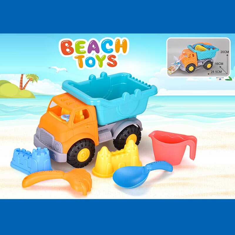 Пісочний набір JX 6857 (36/2) розмір самоскида - 28.5х16х20 см, лопатка, граблі, лійка, 2 формочки, в сітці Пісочний набір JX 6857 (36/2) розмір самоскида - 28.5х16х20 см, лопатка, граблі, лійка, 2 формочки, в сітці