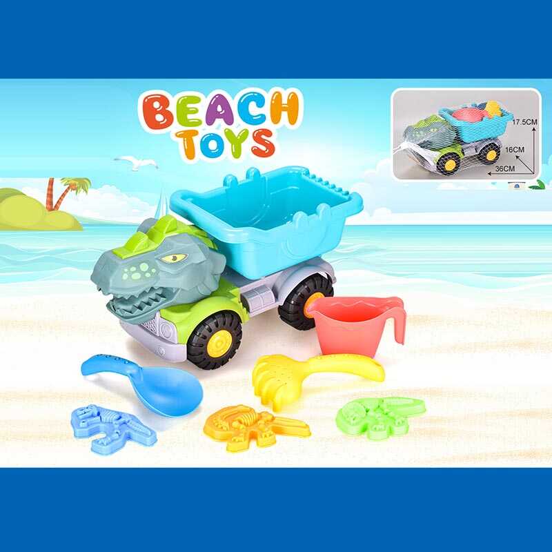 Пісочний набір JX 6860 (36/2) розмір самоскида -36х16х17.5 см, лопатка, граблі, лійка, 3 формочки, у сітці