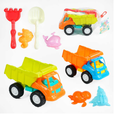 Пісочний набір KZ 6434 (72/2) 2 види, 7 елементів, самоскид, граблі, лопатка, формочки, у сітці