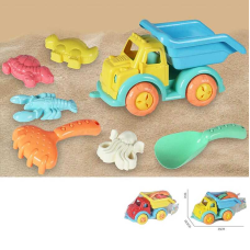 Пісочний набір KZ 6436 A (24/2) 2 кольори, розмір самоскида - 35х18.5х9 см, лопатка, граблі-сито, 4 формочки, в сітці