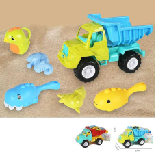 Пісочний набір KZ 6437 (36/2) 2 кольори, розмір самоскида -  27х14.5х18 см, лопатка, граблі, лійка, 2 формочки, в сітці