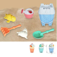 Пісочний набір KZ 6444 A (72/2) 3 кольори, відро, лійка, лопатка, граблі, сито, 2 формочки, в сітці, ВИДАЄТЬСЯ ТІЛЬКИ МІКС ВИДІВ