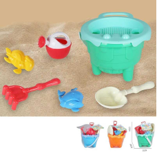 Пісочний набір KZ 6449 (72/2) 3 кольори, відро, лійка, лопатка, граблі, сито, 2 формочки, в сітці, ВИДАЄТЬСЯ ТІЛЬКИ МІКС ВИДІВ