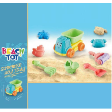 Пісочний набір RMT 366-38 (72/2) розмір самоскида - 21х15х12.5, лійка, граблі, лопатка, фігурний валик, 3 формочки, в сітці 