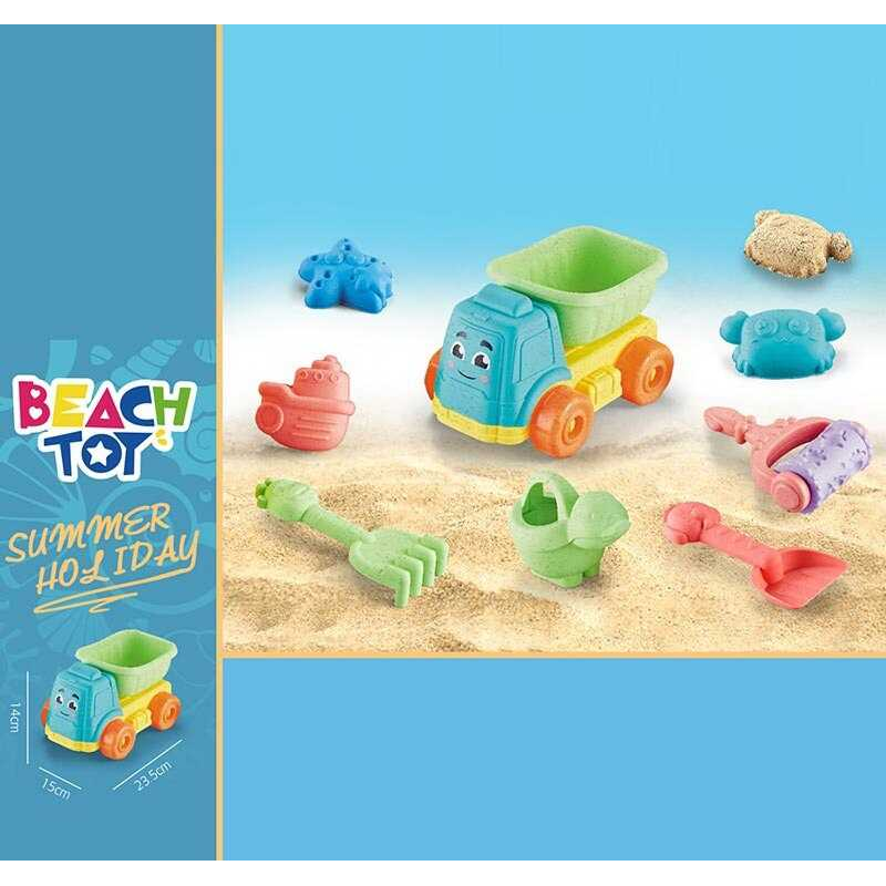 Пісочний набір RMT 366-38 (72/2) розмір самоскида - 21х15х12.5, лійка, граблі, лопатка, фігурний валик, 3 формочки, в сітці 