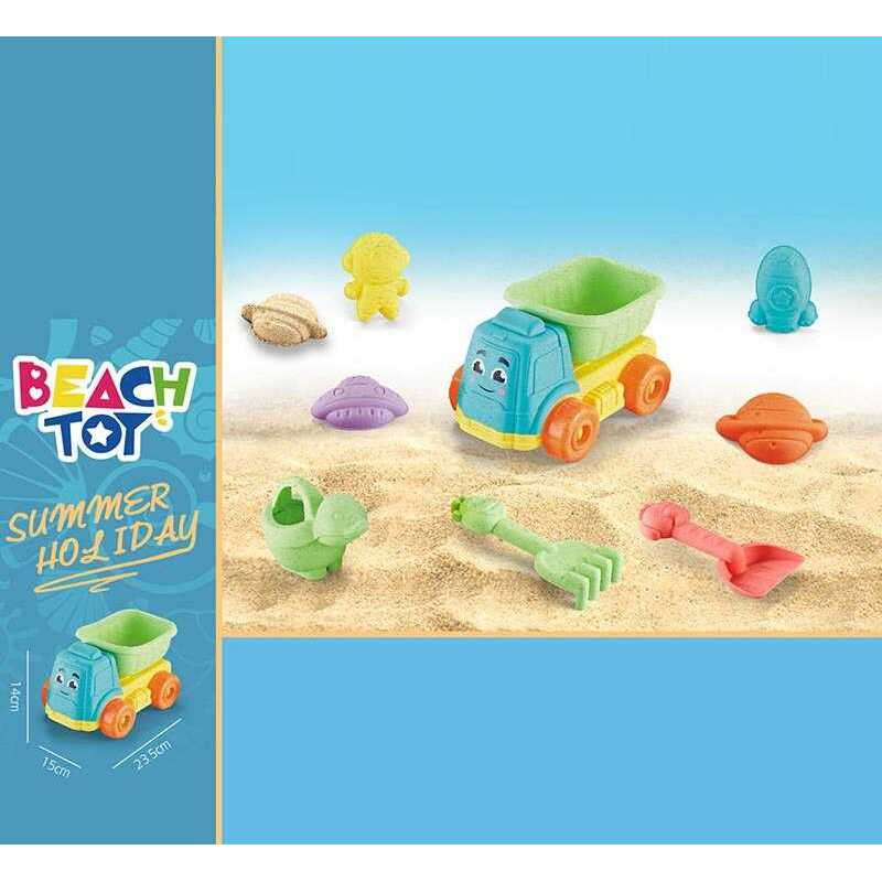 Пісочний набір RMT 366-5 (72) розмір самоскида - 21х15х12.5, лійка, граблі, лопатка, 4 формочки, в сітці 