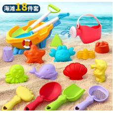 Пісочний набір W 218-42 (30/2) розмір тачки - 25х12х10 см, граблі, лопатки, сито, лійка,  10 формочок, в сітці