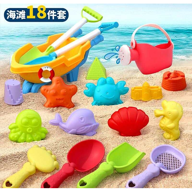 Пісочний набір W 218-42 (30/2) розмір тачки - 25х12х10 см, граблі, лопатки, сито, лійка,  10 формочок, в сітці