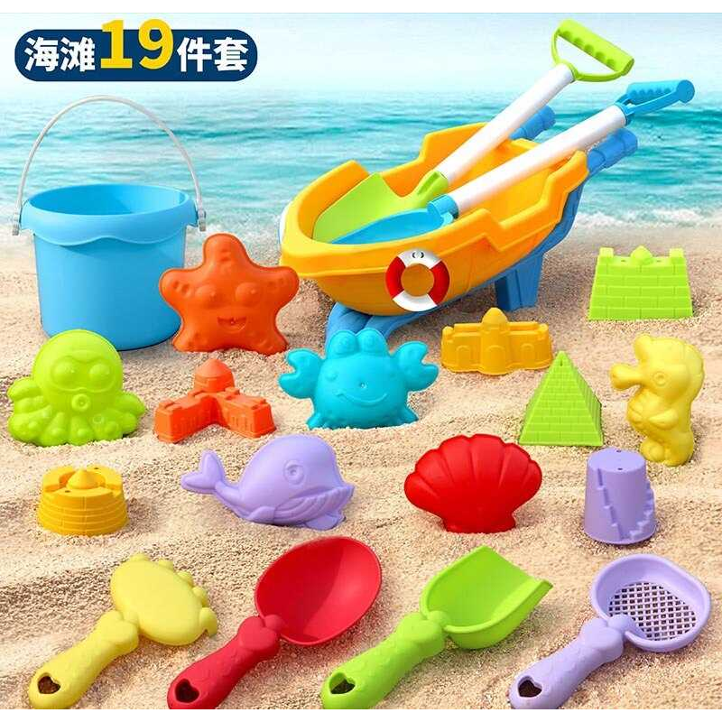 Пісочний набір W 218-45 (30/2) розмір тачки - 27х13х11 см, висота відра - 9 см,  граблі, сито, 4 лопатки, 11 формочок, в сітці 