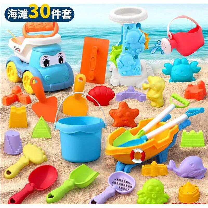 Пісочний набір W 218-47 (36/2) розмір тачки - 27х13х11 см, розмір самоскида - 16.5х11х13 см, висота відра - 9 см, граблі, лопатки, сито, лійка, млин, валик, шпателі, 15 формочок, в сітці 