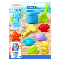 Пісочний набір W 218-48 (72/2) висота відра - 10 см, лопатка, граблі, млин, 6 формочок, в сітці