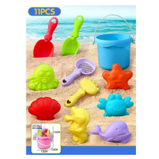 Пісочний набір W 218-73 (144/2) 2 кольори, висота відра - 9.5 см, граблі, сито, 2 лопатки, 6 формочок, в сітці