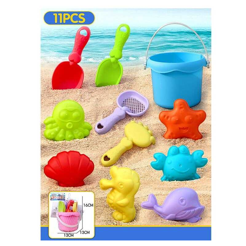 Пісочний набір W 218-73 (144/2) 2 кольори, висота відра - 9.5 см, граблі, сито, 2 лопатки, 6 формочок, в сітці