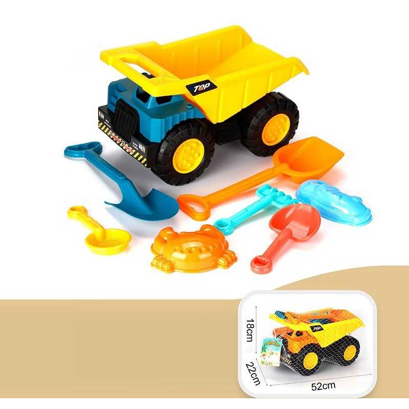 Пісочний набір YF 3643 (20) 8 елементів, 2 лопатки, 2 форми, самоскид, граблі, сито, в сітці