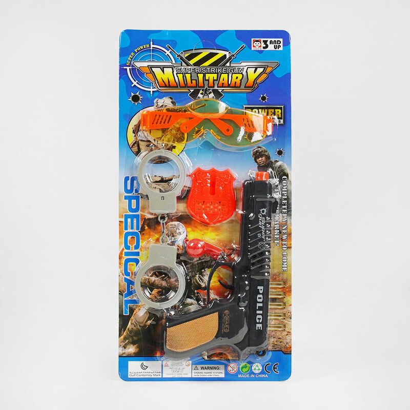 Поліцейський набір 676-4 (168/2) пістолет з тріскачкою, наручники, жетон, окуляри, свисток, на листі 