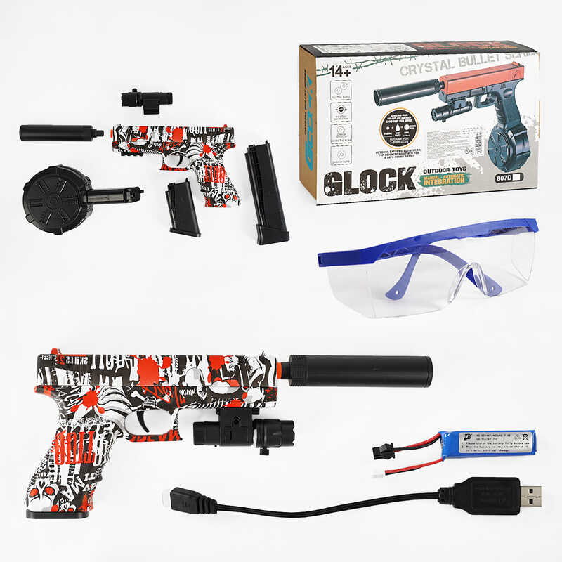 Пістолет 807-3 (24) оптичний приціл, лазер, 2 режими, глушник, орбізи, 3 магазини, від акумулятору 7.4 V, окуляри, в коробці Пістолет 807-3 (24) оптичний приціл, лазер, 2 режими, глушник, орбізи, 3 магазини, від акумулятору 7.4 V, окуляри, в коробці