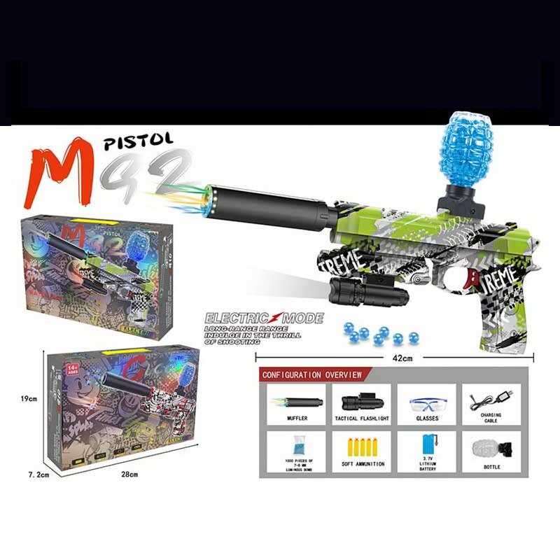 Пістолет G 920-4 D (36) стріляє орбізами та м“якими патронами, автоматичний принцип, акумулятор 3.7 V, окуляри, USB-кабель, в коробці