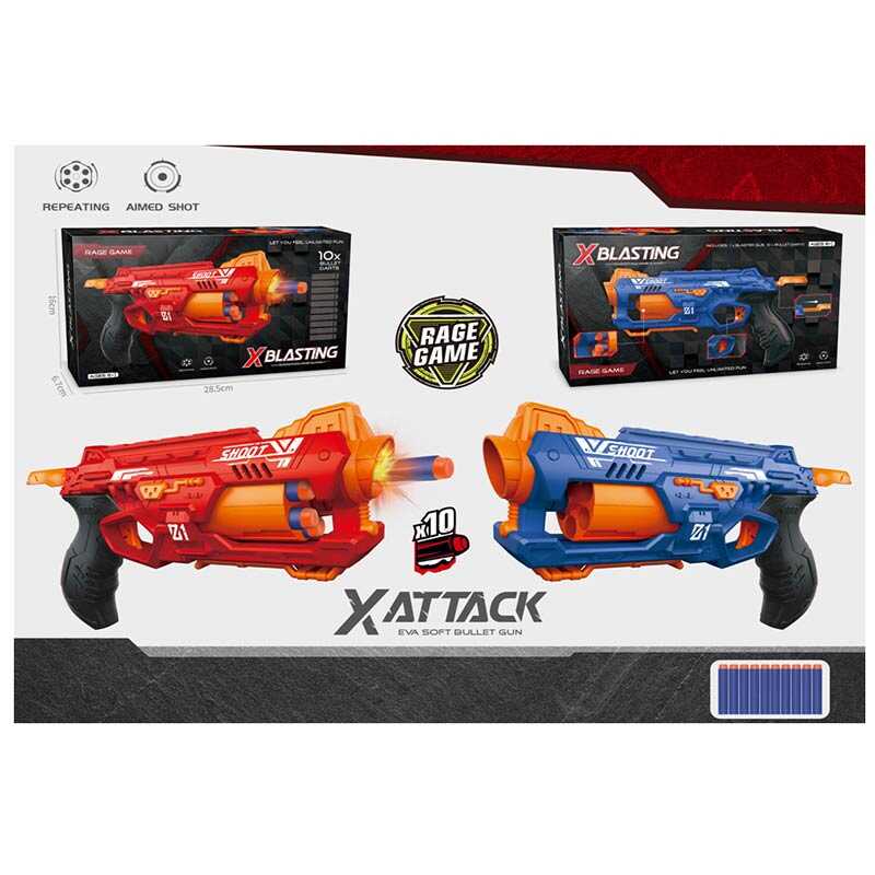 Пістолет K 992-1 (60) 2 кольори, стріляє м’якими патронами, механічний принцип роботи, 10 патронів, в коробці